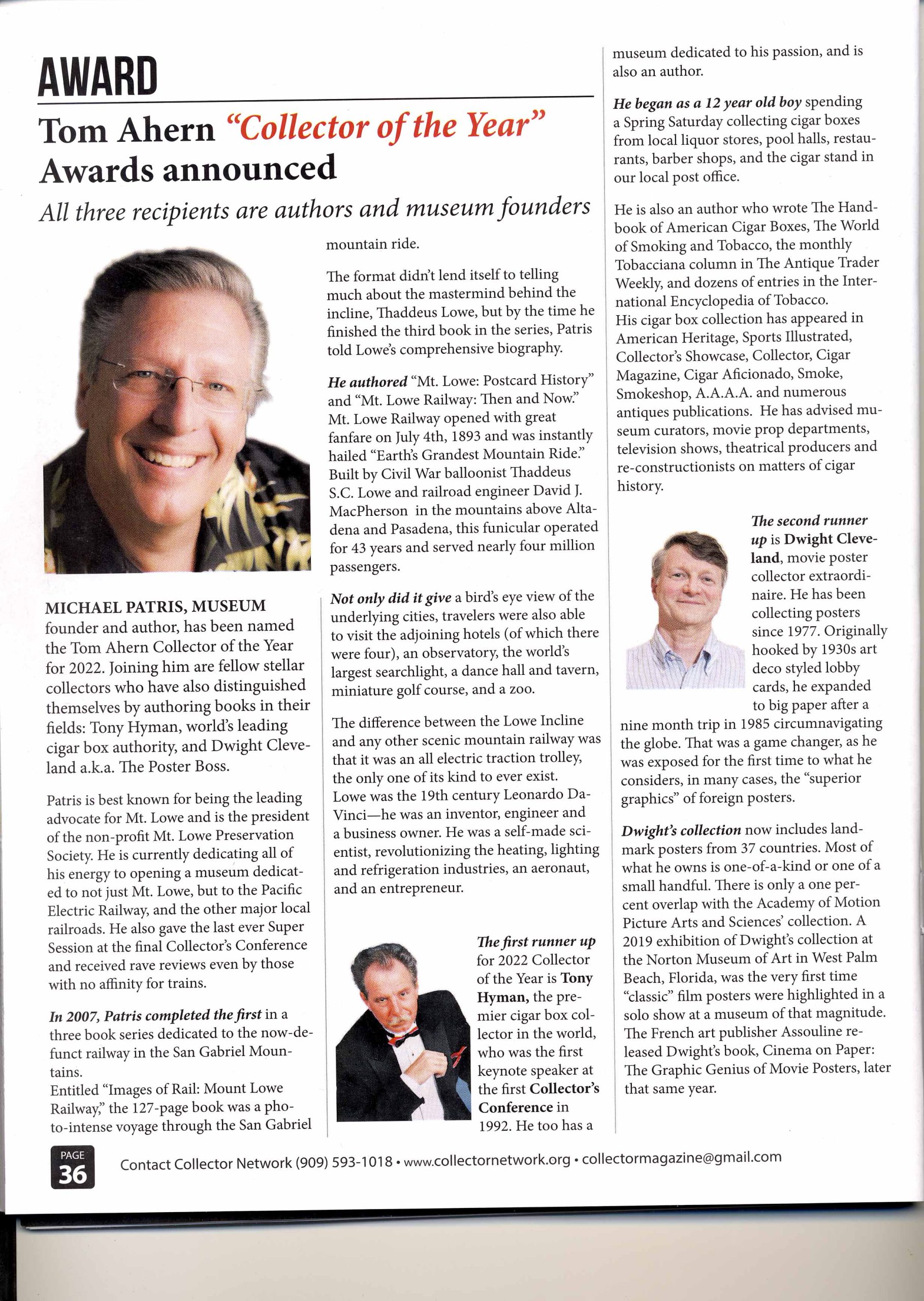 Collector Magazine page showing Michael Patris as Collector of the Year