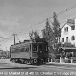 PE 1214 rolls northbound on Market Street at 4th Street passing the classic Hotel Casa de Anza. Riverside, California, April 17. 1939. Charles D. Savage photo, Donald Duke collection, PERyhs.org.