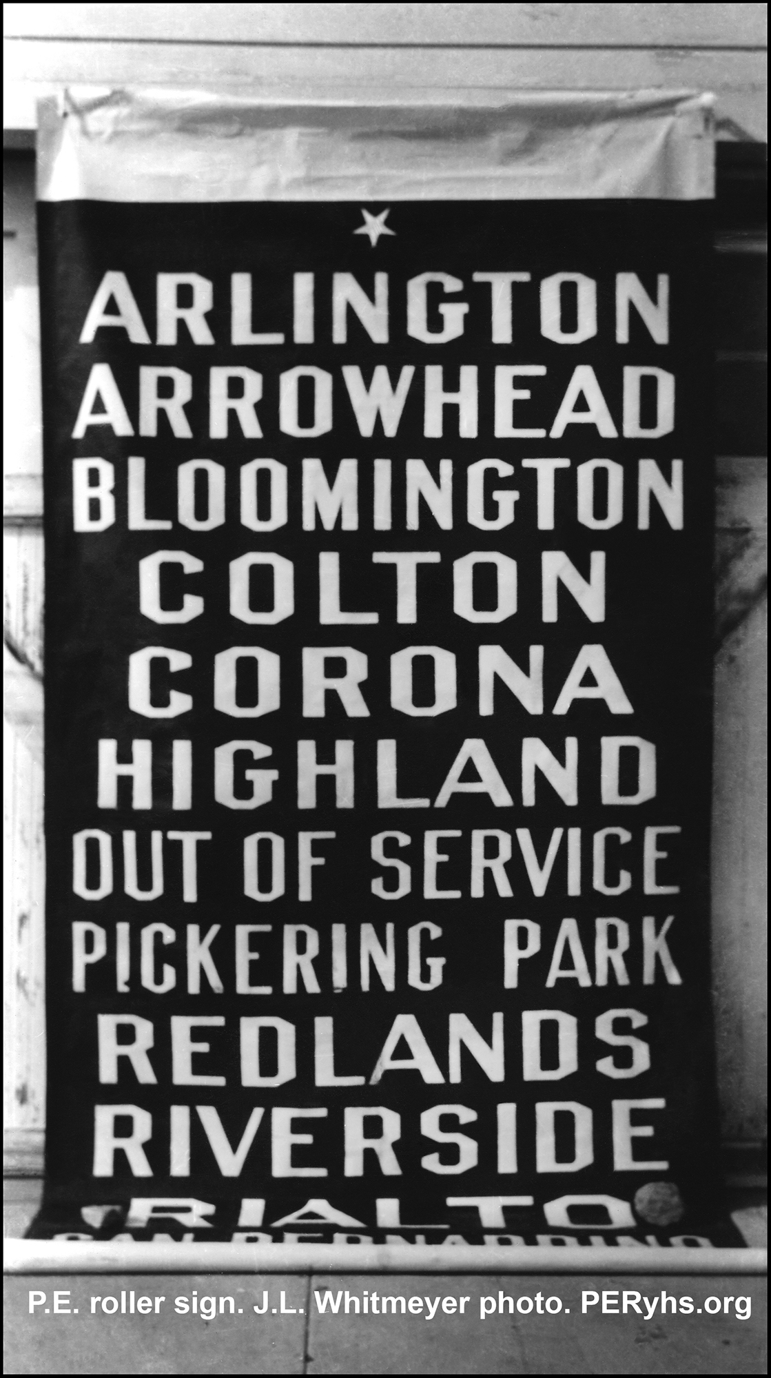 Pacific Electric roller sign showing service of towns and cities in and around the San Bernardino – Riverside area. Jack L. Whitmeyer photo. C.1940, PERyhs.org