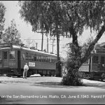 A meet at Rialto Junction on June 8, 1940. The car on the right will soon depart for Riverside while the car on the left will continue its journey to San Bernardino.