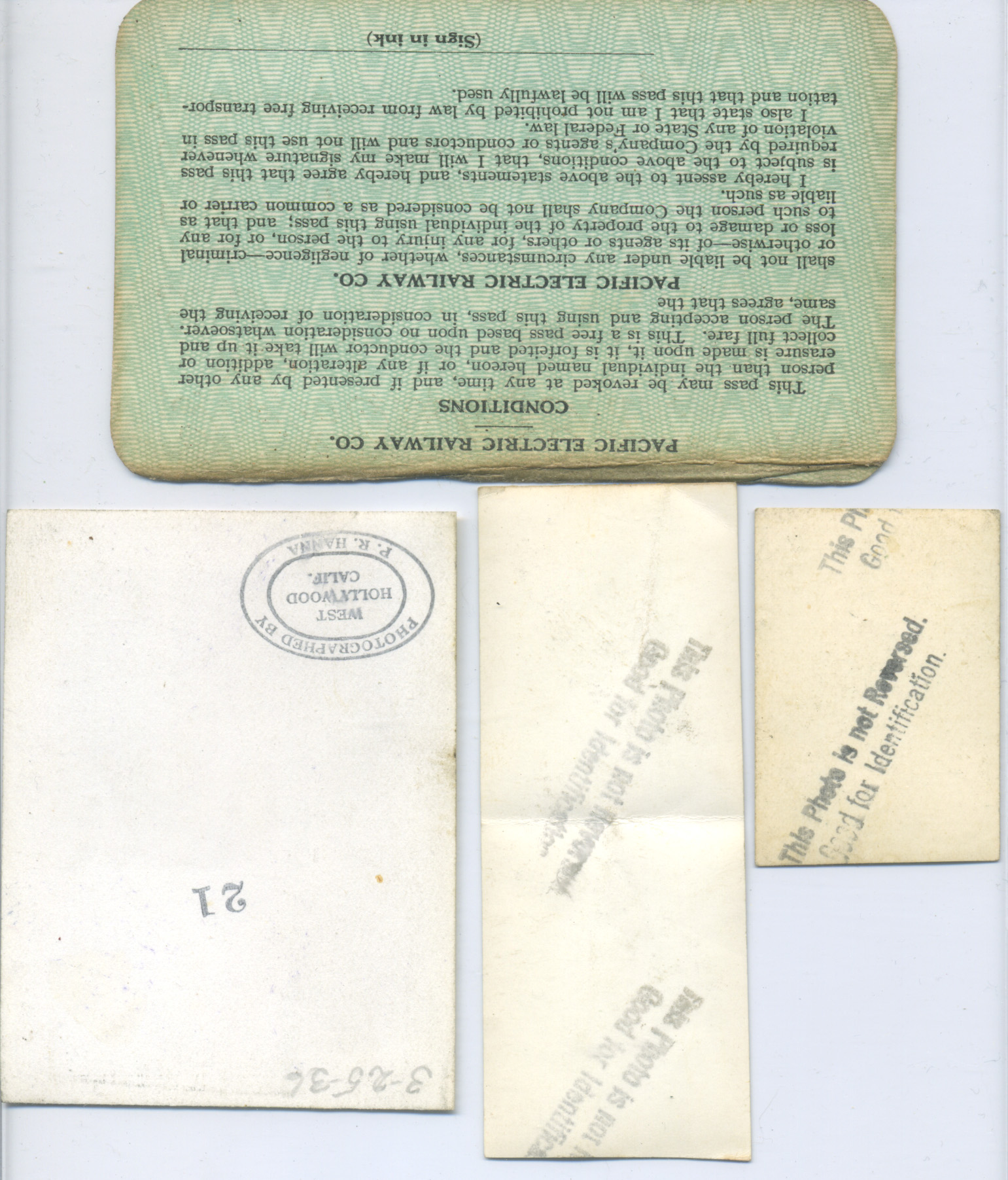 Back of Edmund Daniger Pacific Electric ID cards and photos
