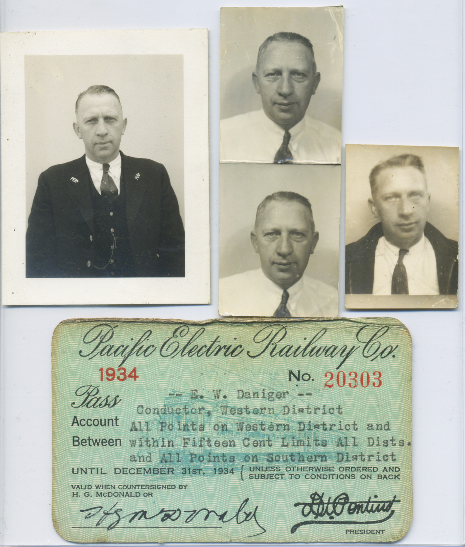 Edmund Daniger Pacific Electric ID cards and photos
