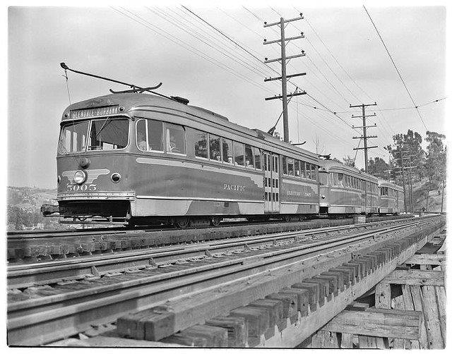 A PE publicity photo taken at the Fletcher Drive trestle taken just after the cars went into service.