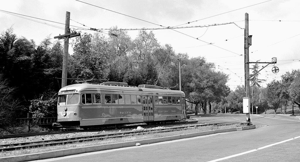 Another very rare photo of PE 5019 on the Pasadena-Oak Knoll Line near the Huntington Hotel. Again. the PCCs could not deal with the rough track. So any hope of a PE PCC operating on the Northern Distract was put to rest.