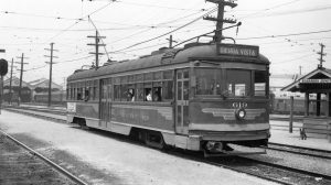 Pacific Electric Hollywood car no. 619 outbound to Sierra Vista at Echandia Junction