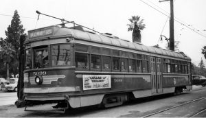 Pacific Electric Hollywood car no. 5099 at the Beverly Hills Station on Santa Monica Boulevard