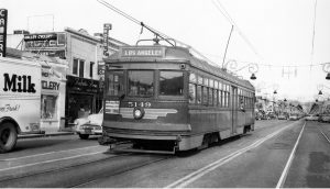 Pacific Electric Hollywood car no. 5149 on Van Nuys Boulevard at Christmastime
