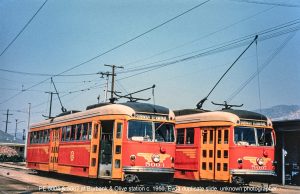 PE5004 & 5007 at Burbank station c.1950. Evda duplicate slide, unknown photographer, Steve Crise Archive.